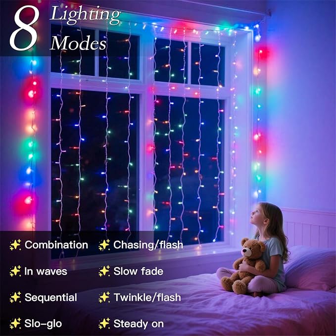 300 LED Multicolor Rainbow Curtain String Lights 9.8x9.8FT, Plug in Fairy Lights with 9 Hooks, Dimmable, Timer & 8 Modes, IP44 Waterproof, Bedroom Party Wedding Backdrop Christmas Outdoor Decor