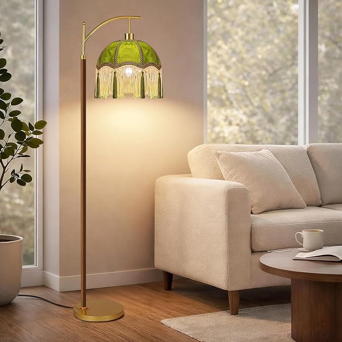 QIYIZM Vintage Floor Lamp for Living Room,Bedroom,Fringe Standing Lamp with Remote Dimmable,Green Mid Century Gold Arc Tall Lamp Boho Retro Wood Tassel Flower Unique Lamp Tiffany Victorian Decor