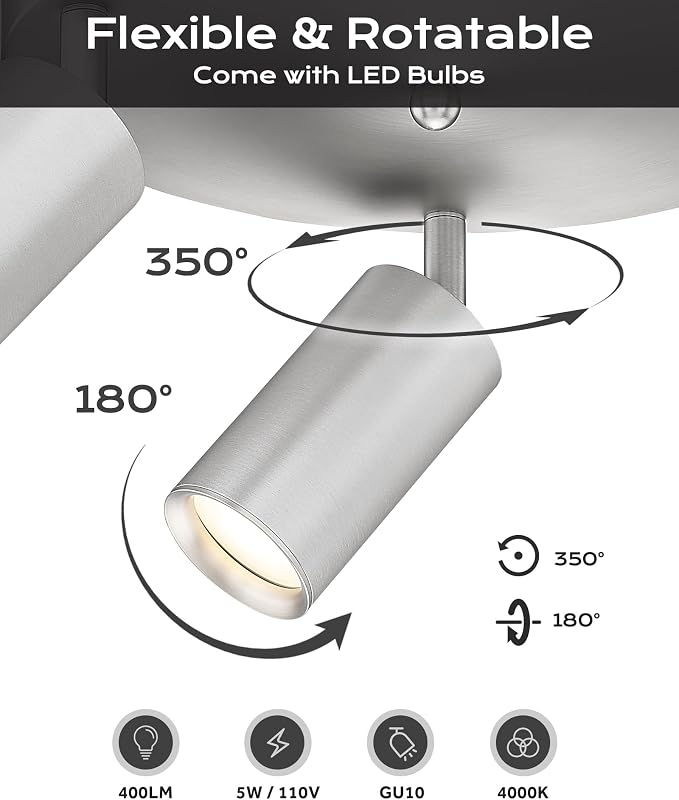 FEMILA 3 Light Track Lighting Kit, Brushed Nickel Round Ceiling Spotlight, 3000K Bulbs Included, LED Track Light for Living Room, Bedroom, Entryway, 4FS84F-3 BN