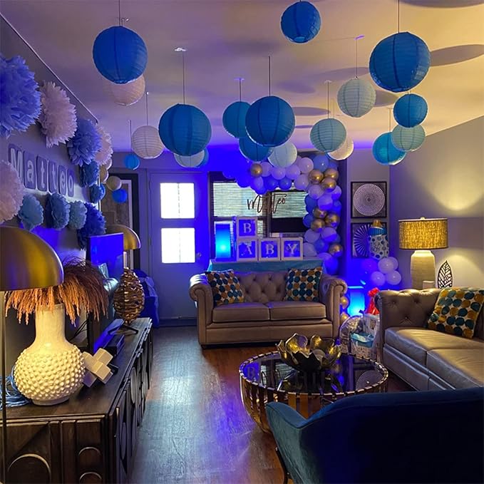 12pcs Blue Paper Lanterns with 12pcs White LED Lights, 6" 8" 10" 12" Round Hanging Chinese/Japanese Ball Lantern for 4th of July Anniversary Birthday Party Decorations