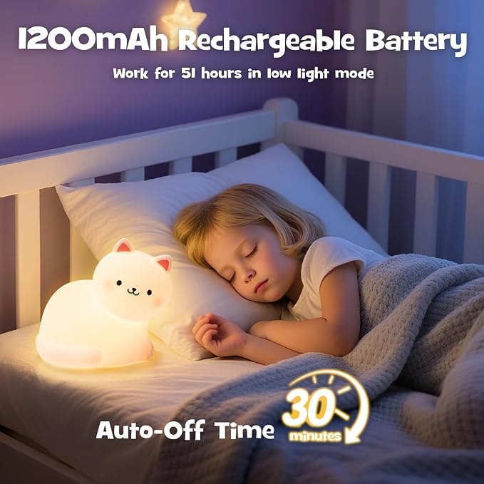 Squishy Cat Night Light with RGB Modes Cute Cat Lamp Warm White 3 Brightness Adjustable Nursery Breastfeeding Nightlight Rechargeable Silicone Soft Touch Bedside Animal Lamp for Bedroom Dorm Decor