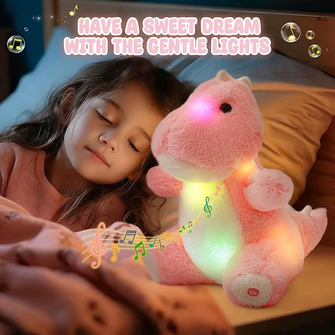 Glow Guards 12'' Light up Music Dinosaur Stuffed Animal, LED Soft Dinosaur Plush Toy with Magic Night Lights&Lullaby, Birthday Children's Day for Toddler Kids (Pink, Music)