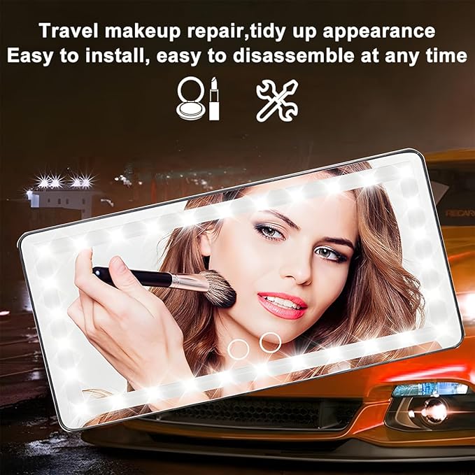 LED Car Sun Visor Vanity Mirror, Dimmable Rechargeable Vehicle Touch Screen Cosmetic Mirror with 3 Light Modes & 60LEDs, Auto Interior Rear View Makeup Accessories, Universal Fit (Black)