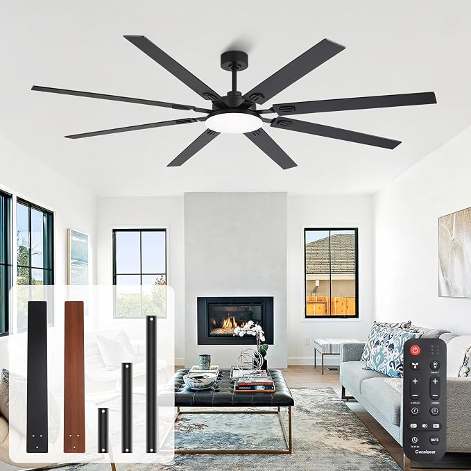 80 Inch Ceiling Fans with Lights and Remote, Bedroom Living Room Office Library Cafe Outdoor Industrial, 5CCT Dimmable, Dual Color 8 Blades, 6 Speed Reversible Quiet DC Motor, Black/Wood Grain