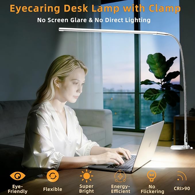 Space Aluminum LED Desk Lamp with Clamp Reading Study Desk Light | Clip on Light for 3 Modes 10 Brightness Flexible Gooseneck with USB Adapter Table Lamp for Home Office Computer Nail Work