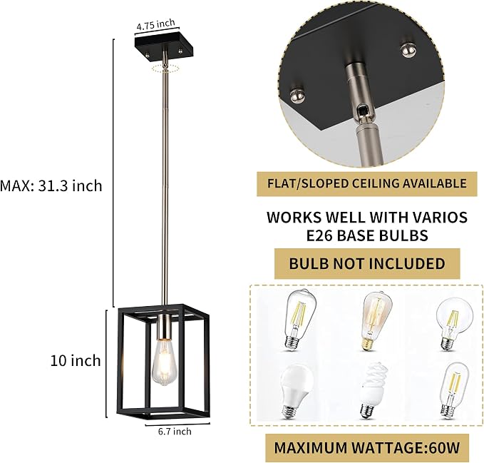 Single 1 Light Black and Brushed Nickel Modern Industrial Pendant Lighting Fixture Hanging Ceiling Light for Dining Room Living Room