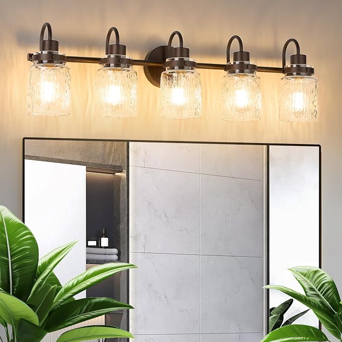 5 Lights Hammered Glass Bathroom Vanity Light, Oil Rubbed Bronze | Easy Installation,Up or Down,Farmhouse Modern Style,E26 Socket,ETL Certification