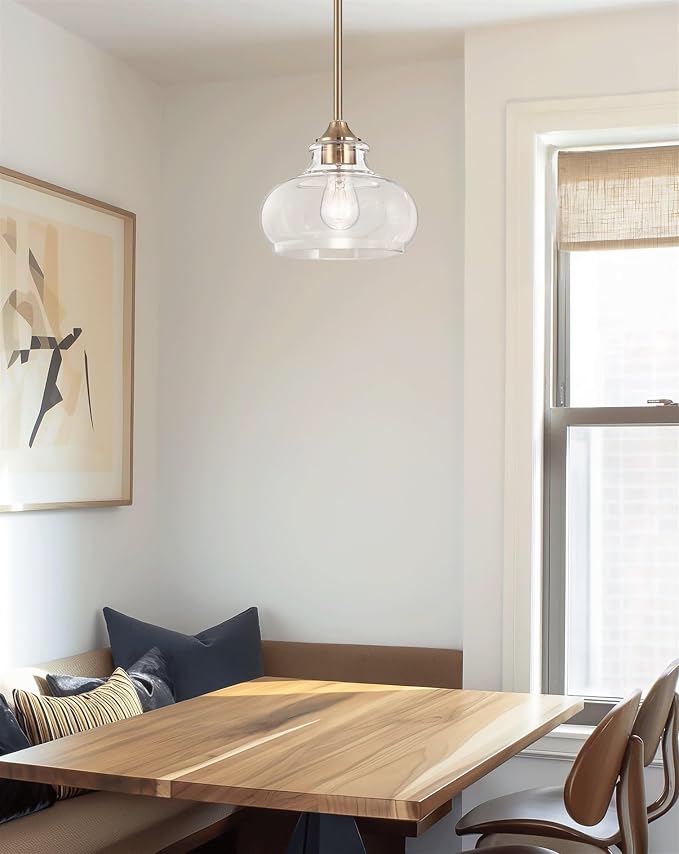 Kira Home Harlow 9" Modern Schoolhouse Pendant Light for Ktichen Island | Clear Glass Shades, Industrial Farmhouse Gold Hanging Fixture, Premium Cool Brass Finish