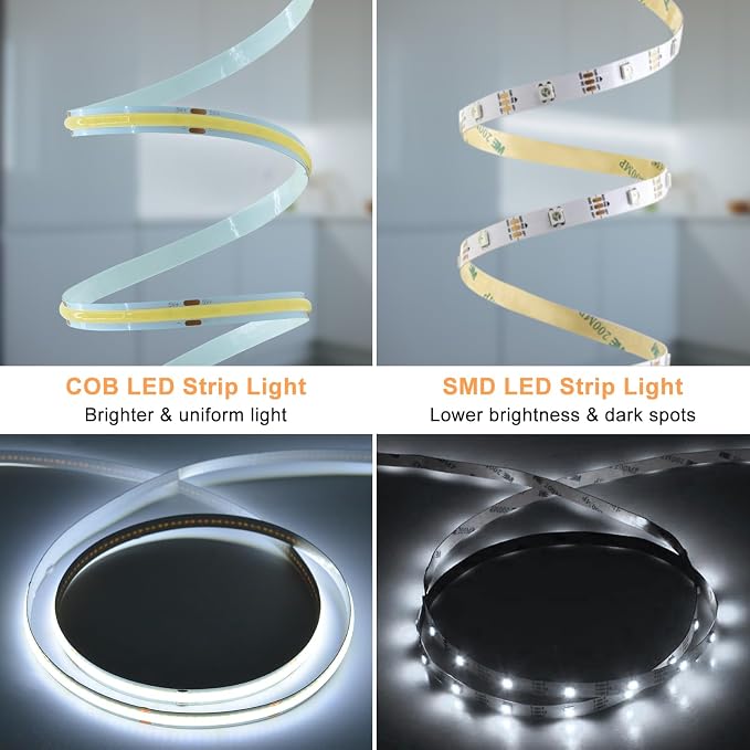 Battery Operated COB LED Strip Lights 6.6Ft 640 LED Dimmable Light Strip | Cuttable Flexible LED Tape Light for TV Cabinet Bedroom Kitchen Home Decoration DIY Lighting (Cool White 6000k)