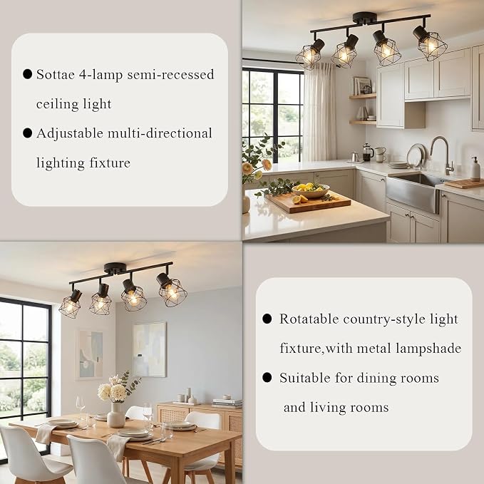 SOTTAE 4-Light Track Ceiling Light, Black Metal Birdcage Semi Flush Mount Ceiling Light, Adjustable Multi-Directional Spot Light, Farmhouse Ceiling Lamp for Living Room Kitchen Dining Bedroom Hallway