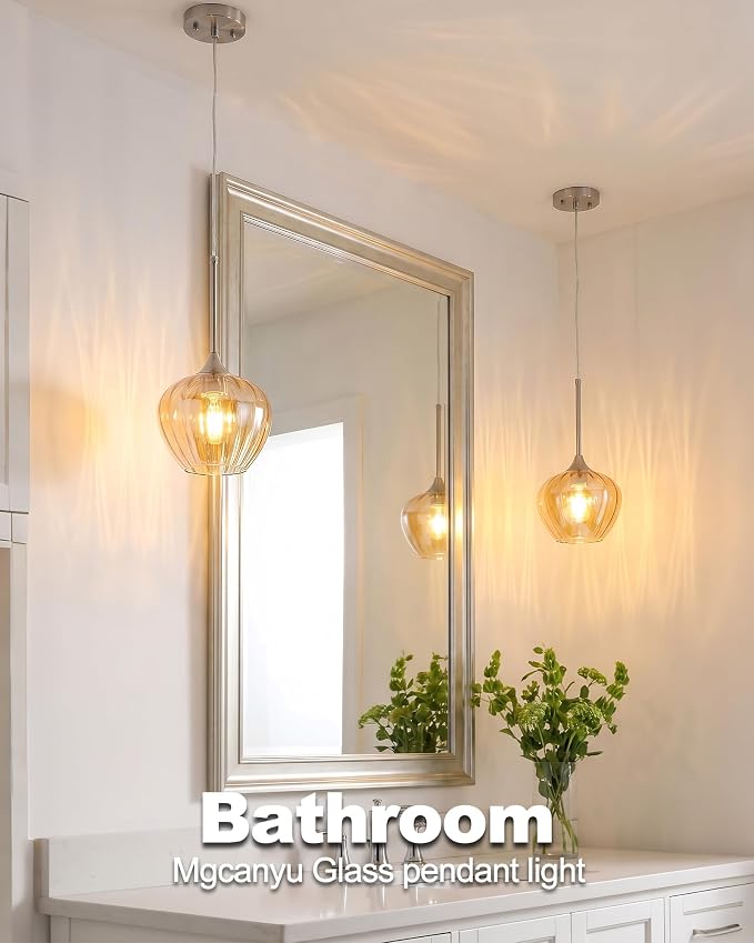 2-Pack Amber Pendant Lights for Kitchen Island, 7.7" Modern Glass Pendant Lighting with Brushed Nickel Vintage Light Fixtures Adjustable Hanging Light for Kitchen, Dining Room, Bar, Bathroom