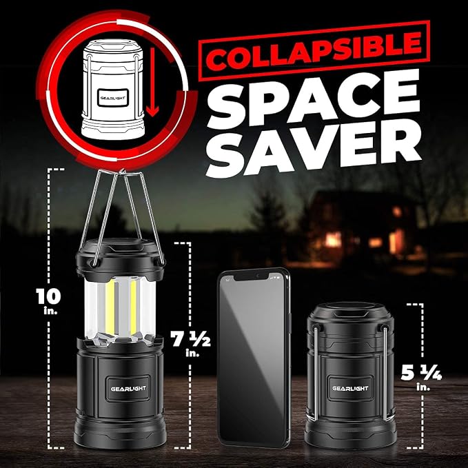 GearLight Camping Lantern - 2 Portable LED Battery Powered Lantern with Magnetic Base and Foldable Hook for Emergency Use or Campsites, Essential Hurricane Survival Kit with Batteries - Black