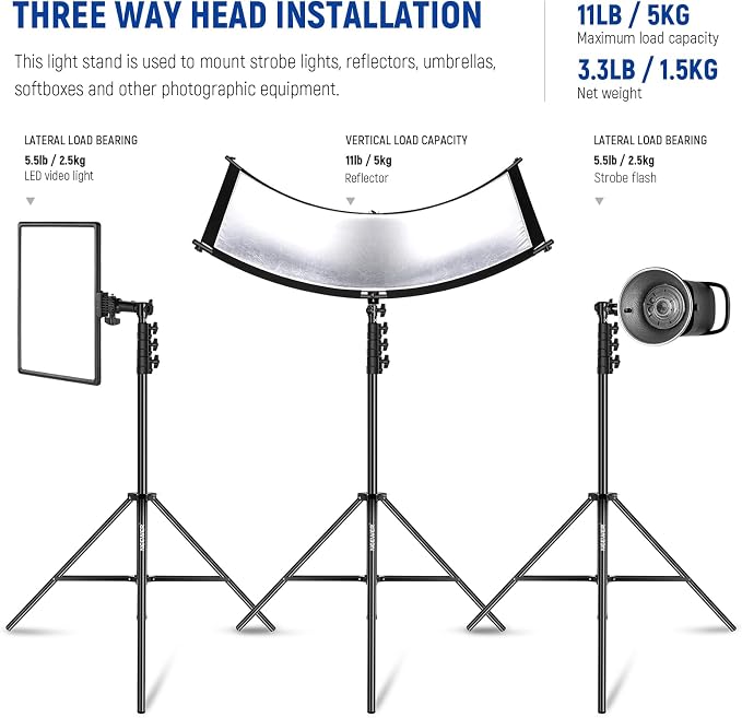 NEEWER 9.8ft/3m Air Cushioned Light Stand, Heavy Duty Metal Photography Tripod Stand with 1/4" to 3/8" Reversible Spigot, 3 Way Mounting Interface & Metal Locking Knobs, Max Load 5.5lb/2.5kg | Photography Tripod Stand, 1/4" to 3/8" Reversible Spigot, 3...