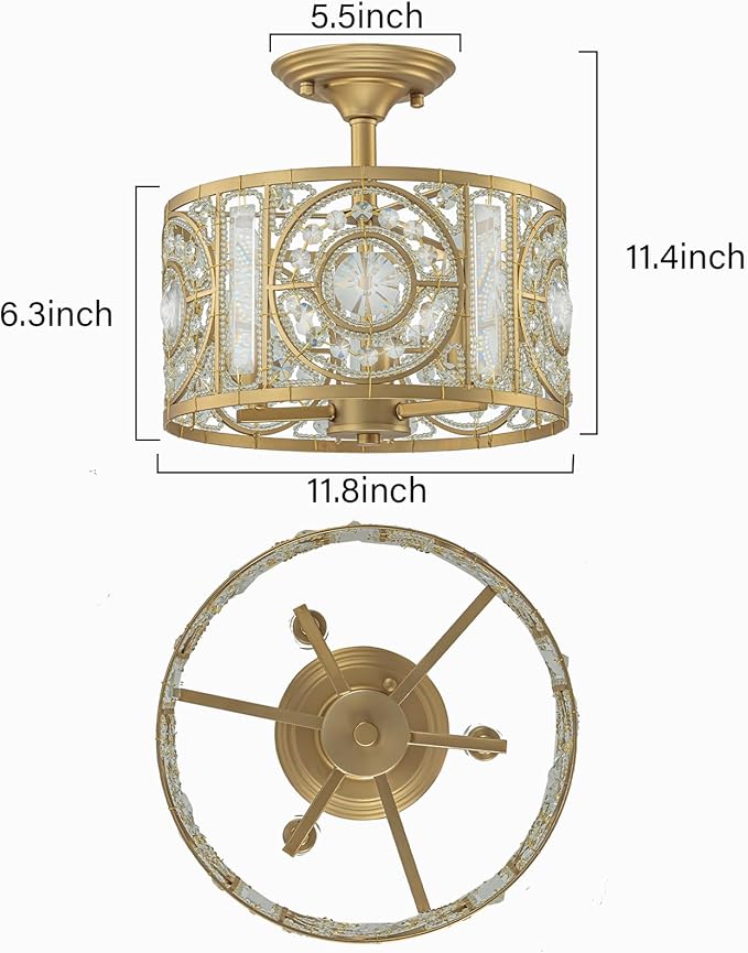 Semi Flush Mount Chandelier for Dining Room, 3-Lights Vintage Crystal Round Chandelier, Gold Retro Semi-Flush Mount Ceiling Lights Fixture for Living Room Bedroom Kitchen Hallway Foyer