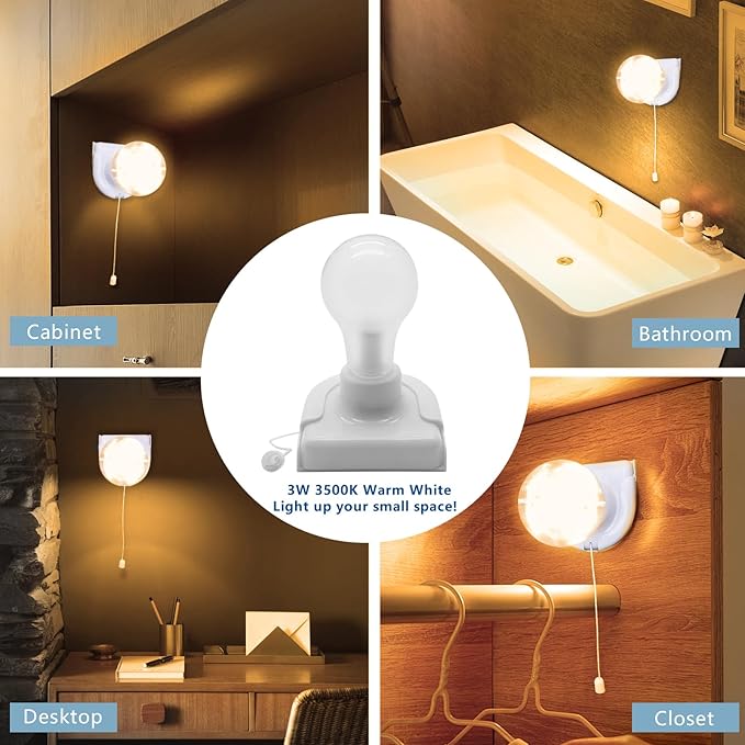 4 Pack Battery Operated Light Bulb, Stick-Up Battery Powered Wireless LED Closet Light Bulb, Self Adhesive Wall Light Fixture with Pull Chain for Cabinet Bedroom Kitchen, 3000K Warm White