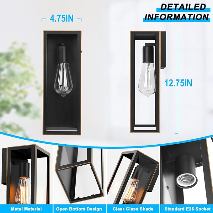 VerRon Outdoor Wall Light Fixtures, Modern Exterior Wall Lanterns, 2-Pack | Black with Gold Trim, Anti-Rust E26 Modern Lighting Fixtures Waterproof with Clear Glass Shades for Patio Garage Front Door