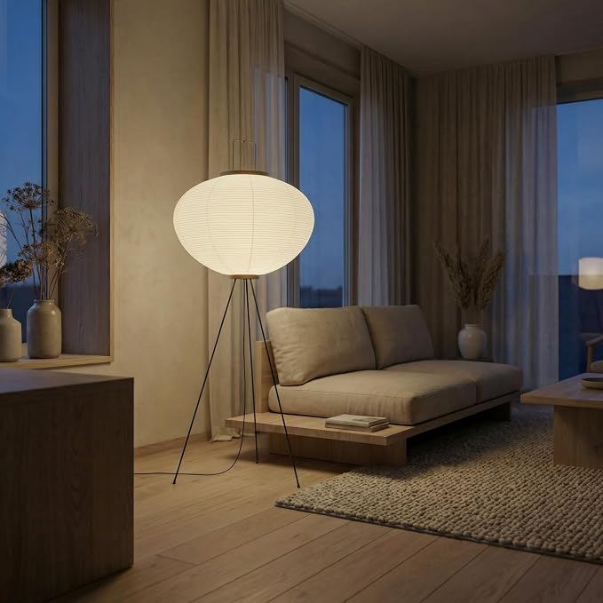 Noguchi Japanese Rice Paper Floor Lamp • 3000K Akari Standing Light for Living Room Bedroom, Modern Paper Lamp Design, Warm White Ambiance Lighting