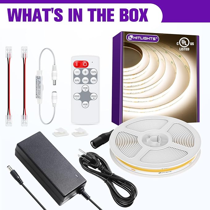 HitLights White COB LED Strip Lights Kit 4000K with Remote, 16.4ft 12V | UL Listed, Dimmable Tape Light with Power Supply, 2640 LEDs, 426 lm/ft, CRI 90+, Rope Lighting for Kitchen Cabinet Room