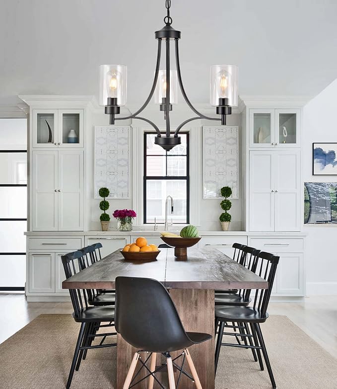 BOZO 3 Lights Black Chandeliers for Dining Room Light Fixture Over Table, Entryway Chandelier for Foyer, Hallway Lighting Fixtures with Glass Shade for Dining Room Kitchen Island Foyer Hallway