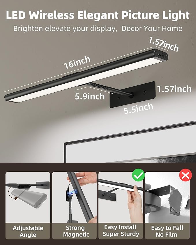 EZVALO Picture Light for Wall, 4800mAh 16'' Rechargeable Wireless with IR Remote Battery Lights for Painting, Dimmable Magnetic LED Art Display Light, Colors Temperatures, for Gallery, Living Room