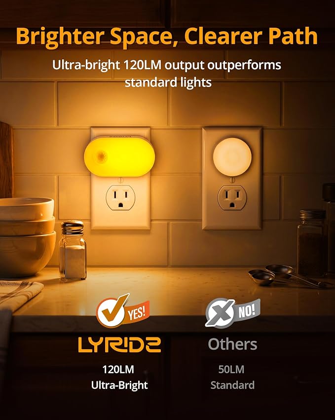 120LM Ultra Bright Plug-in Motion Sensor Night Light, Stepless Dimmable LED Nightlight, Always-On and Auto-Off, for Hallway, Stairs, Bathroom, Bedroom, Garage, Amber (2-Pack)