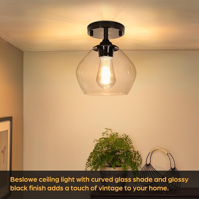 Modern Semi Flush Mount Ceiling Light with Clear Glass Shade, Black | Quick & Easy Installation, Premium Quality, Perfect for Hallway Kitchen Entryway Laundry