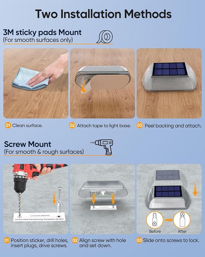 DetarZinLED Blue Solar Dock Lights for Outside IP68 Waterproof Led 12 Pack | Sturdy PC Shell, Stick on & Screw Mount, Markers Light for Outdoor Deck, Driveway, Step, Walkway, Path, Sidewalk, Patio, pool