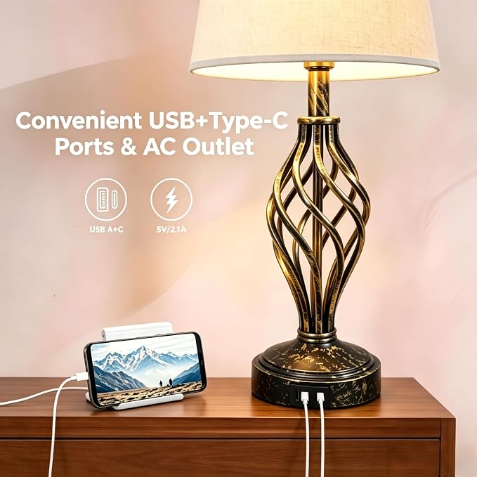 Ruiever Touch Table Lamps Set of 2, nightstand lamp with USB Ports Bedside 3 Way Touch dimmer Desk lamp for Living Room Bedroom,Gold and Black Brushed Spiral Cage Warm White Dimmer LED Bulb Included.