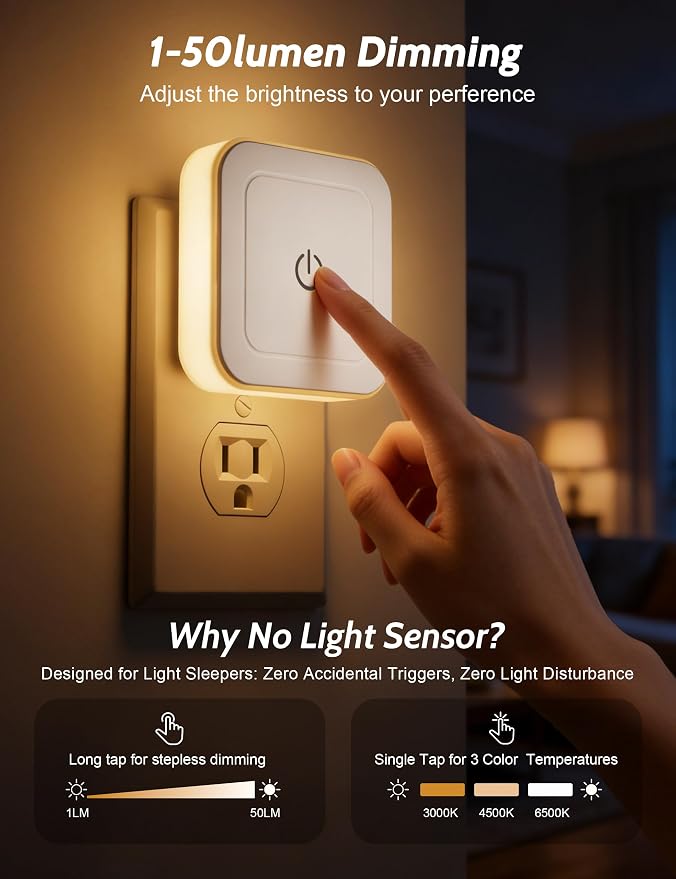 Sujeet Night Light, 4 Pack 1-50LM Stepless Dimming LED Night Light with 3CCT (3000K/4500K/6500K), Night Lights Plug into Wall for Adults, Bedroom, Bathroom, Hallway, Kitchen, Kids, No Light Sensor