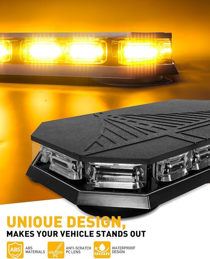 HLauto 406D Rooftop Emergency Strobe Lights Bar, 102 LED Amber Mini Beacon Safety Flashing Warning Traffic Lights Bar w/Magnetic Base for 12-24V Trucks, Construction Vehicles, Snowplow, Cars