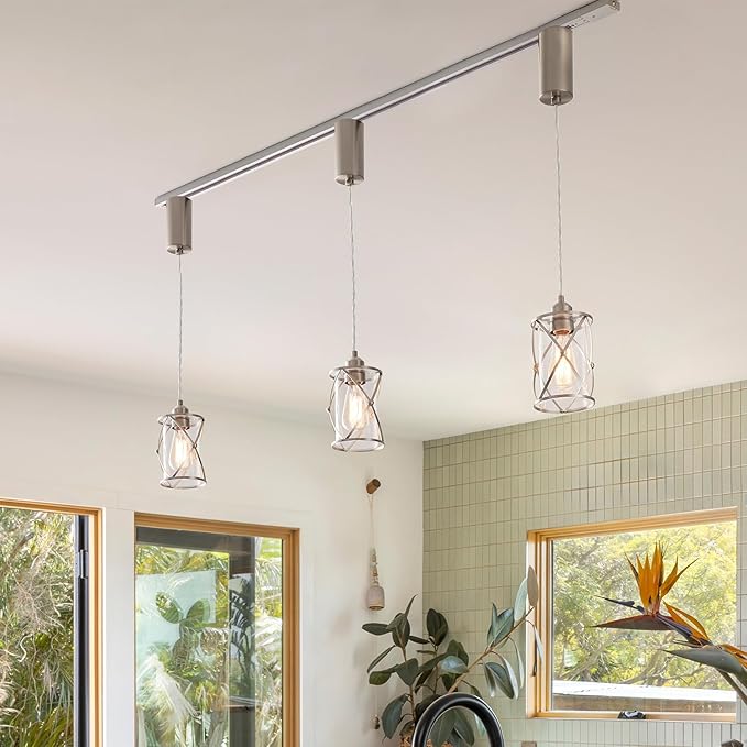 mirrea H-Type Brushed Nickel Track Lighting Pendant with Dotted Cage Clear Glass, Adjustable Hanging Light, E26 Socket, Pack of 3
