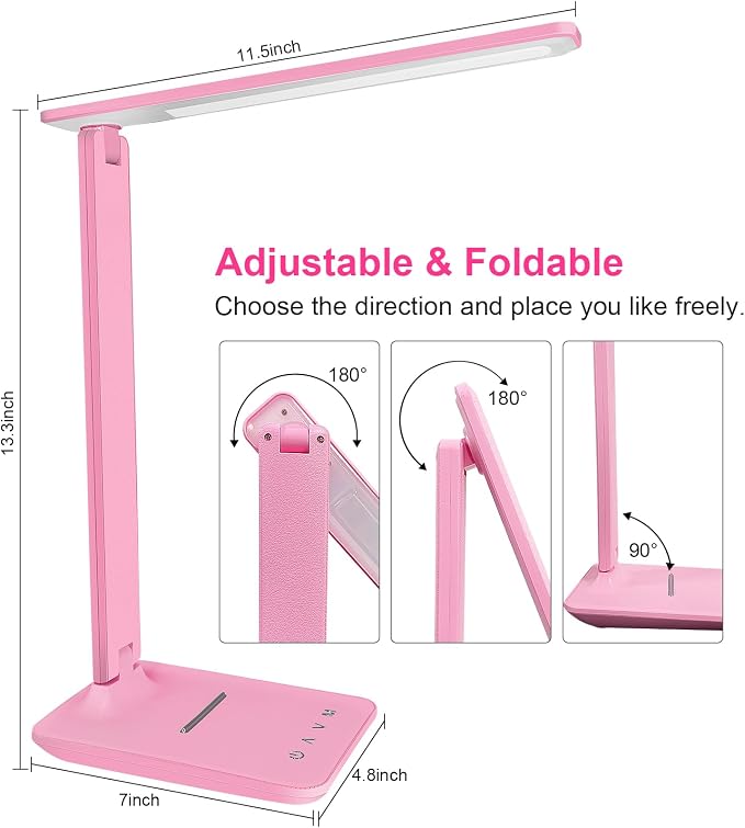 LED Desk Lamp for Office Home, Bright Desk Light with USB Charging Port, Adjustable Dimmable Desk Lamps 5 Modes 5 Brightness, Touch Study Lamp for Nail, Craft, Puzzle, Sewing, Study, Pink