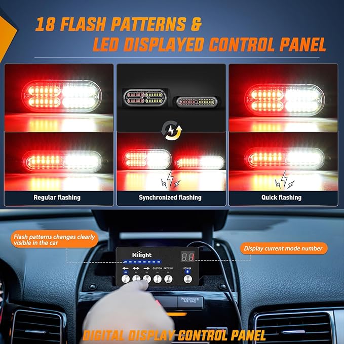 Nilight 8PCS Led Strobe Lights with Controller 12V 24V Sync Feature Red White Emergency Hazard Warning Light 12 24 LED Surface Mount for Vehicle Car Truck RV ATV