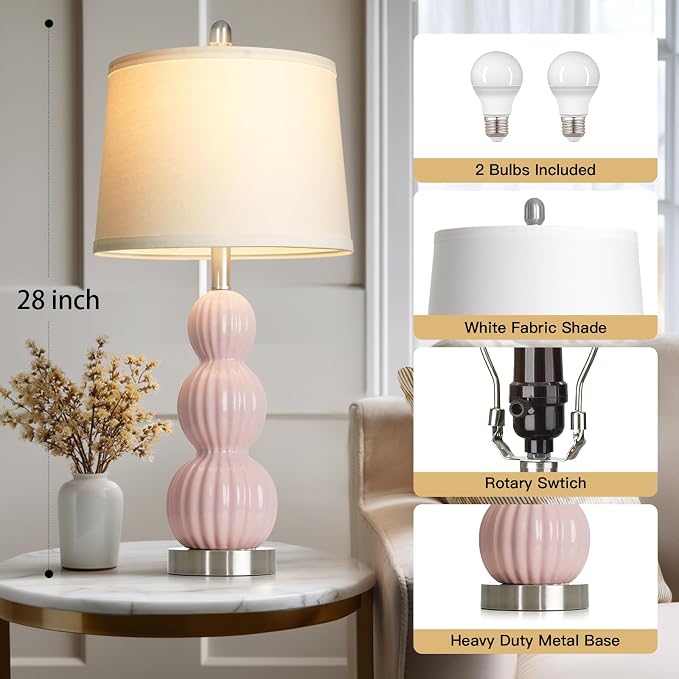 28" Pink Ceramic Table Lamps Set of 2, Modern Bedside Lamps for Night Stands, Triple Gourd Table Lamp for Living Room End Table or Bedroom Nightstand (2 LED Bulbs Included)