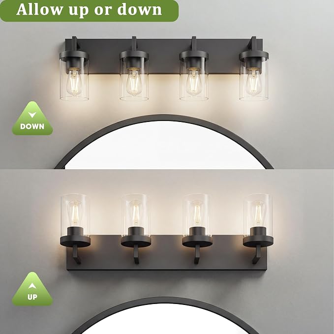 Bathroom Vanity Light, 4 Light Matte Black Vanity Light with Clear Glass Shade, 30in Farmhouse Vanity Light, Bathroom Lighting Fixtures Over Mirror for Bathroom