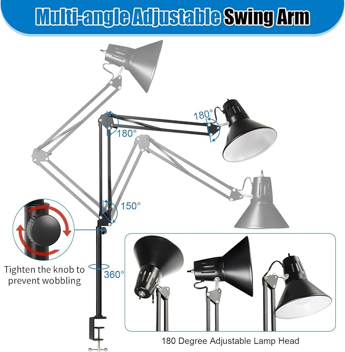 LED Clamp on Desk Lamp, 360°Adjustable Swing Arm Desk Lamp | Clamp Light with Eye-Caring LED Bulb for Home Office Reading Drafting
