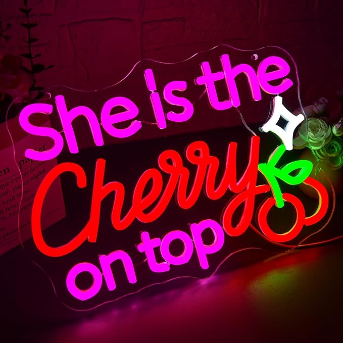 She Is The Cherry On Top Neon Sign for Wall Decor Dimmable Cherry Neon Light for Living Room Light Up Sign for Girl Wedding Party Bedroom Beauty Salon Birthday Gift Art Size 13.7 * 9.7In (WZCP218)