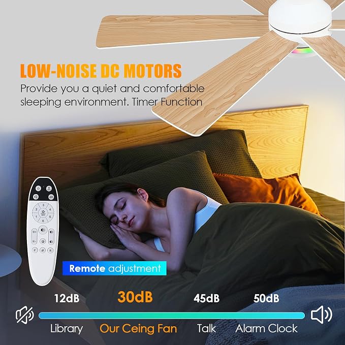 46" 6-Blade White Low Profile RGB Ceiling Fan with Light and Remote/APP | 11 RGB Modes,Reversible 6 Wind Speeds,Dimmable 3 CCT LED, 25W Quiet DC Motor,Timer,6 Double-Sided Blades,for Bedroom Party