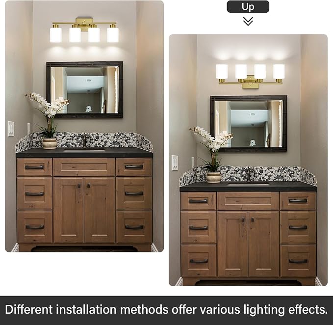 FonmYim Brushed Gold Bathroom Light Fixtures Vanity Lights Over Mirror | Modern 4-Light lighting fixtures for bathroom with Milky White Frosted Glass Shades, E26 Socket (Bulbs Not Included)