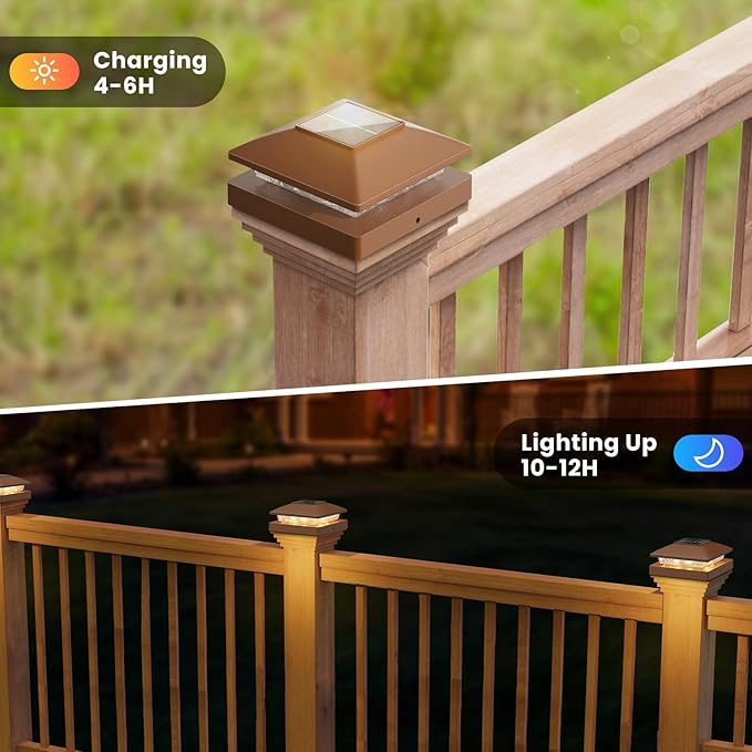 Solar Post Cap Lights Outdoor 24pack, Waterproof Solar Powered Deck Fence Post Lights Fit 4x4 Wood/Vinyl Posts, Bright Warm White Solar Post Lights Decorate Deck, Patio, Porch, Fence(Brown)