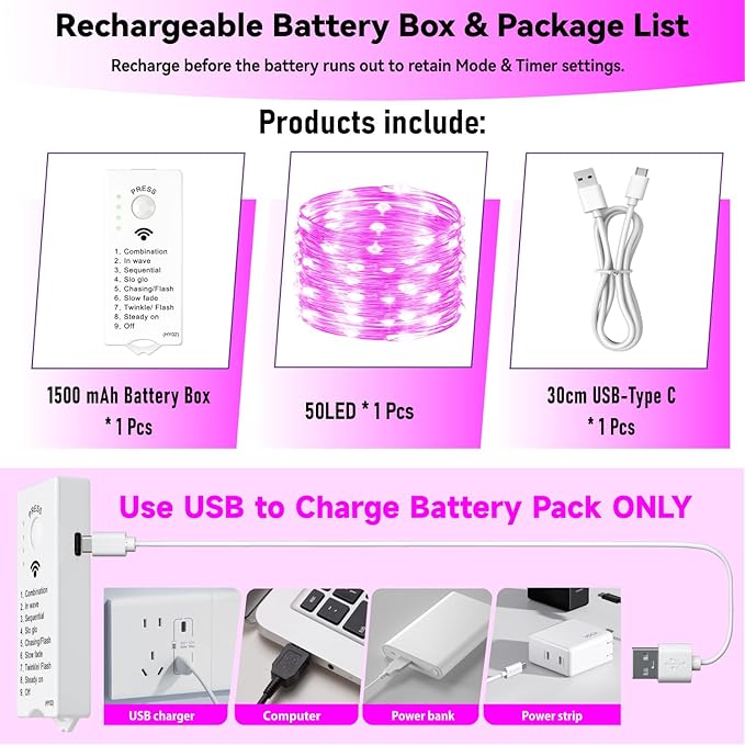 ZSJWL Rechargeable Fairy Lights with DIY Timer & 8 Modes, 16FT 50LED String Lights Battery Operated Indoor, Twinkle mini Lights for Bedroom Christmas Wedding Centerpiece Decor (Pink)