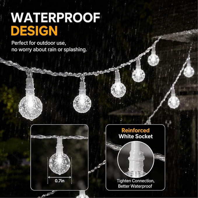 Crystal Globe String Lights 2500mAh Rechargeable Battery Operated | 16FT 50LED Outdoor Waterproof with Remote, Timer & 8 Modes, Fairy Lights for Yard Garden Patio Wedding Christmas (White)