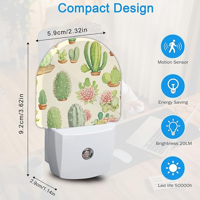 Vintage Cactus Night Light,Night Lights Plug Into Wall Decor,Auto Sensor Lamp Home Indoor Stairway Kitchen Corridor, Boys Girls Women Men Room Gifts