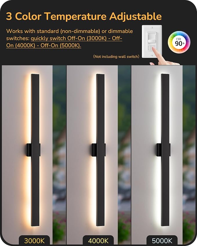 EDISHINE 47.2" LED Outdoor Wall Lights, 3CCT & 10%-100% Dimmable, IP65 Waterproof, Modern Exterior Lighting Fixtures, Linear Long Exterior Wall Light for House, Yard, 2 Pack, Black