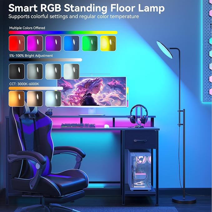 SUNMORY RGB Floor Lamps for Living Room, Bright Tall Standing LED Lamp | 32W/3000LM, Remote Control, Adjustable Height, Rotating Head, Modern Dimmable Torchiere Corner Light for Gaming Room Bedroom