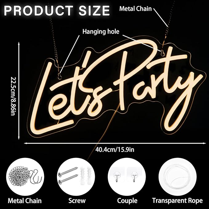 Let's Party Neon Signs, Dimmable LED Let's Party Neon Light Sign for Wall Decor, Decorative Let's Party Neon Lights for Bachelorette Party, Engagement Party, Birthday Party, Wedding Party Warm White