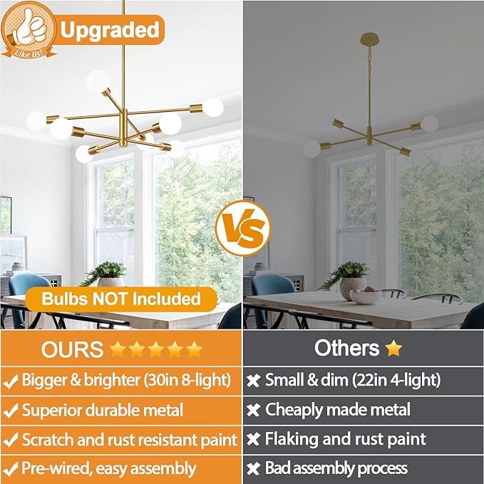 30" Modern Chandelier Ceiling Light Fixture, 8-Light Sputnik Chandeliers Brushed Gold Mid Century Chandelier Over Table, Height Adjustable Chandeliers for Dining Room Kitchen (Bulbs Not Included)