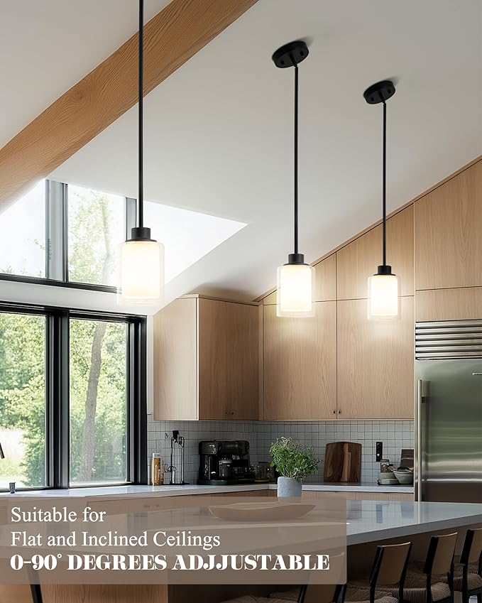 1-Light Mini Pendant Light Fixtures, 3-Pack Modern Hanging Ceiling Lighting, Adjustable Height, Black Pendant Lamp with Dual Glass for Kitchen Island Bedroom