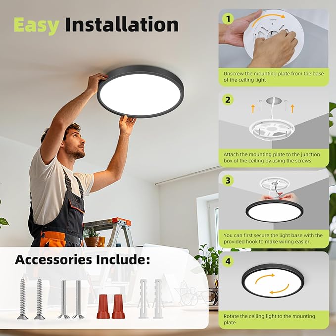 hepside LED Flush Mount Ceiling Light, 13Inch 24W LED Ceiling Lights Fixture,5 Color Temperatures in One,Ultra-Thin Flush Mount Light Fixture for Closet Bathroom Hallway Bedroom Laundry (Black)