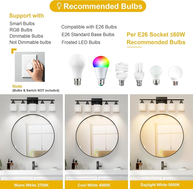 5-Light Bathroom Light Fixtures Over Mirror, Matte Black Vanity Lights, Modern Bathroom Vanity Light, Glass Shade & Anti-Rust Nickel Finished, Bathroom Light for Small Space
